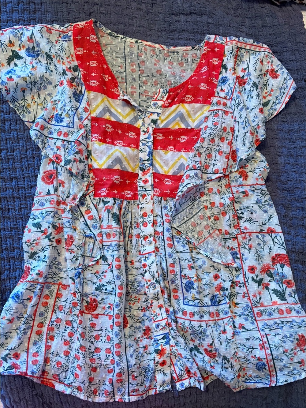 Anthropologie Blue Floral Patchwork Blouse with Red Accents